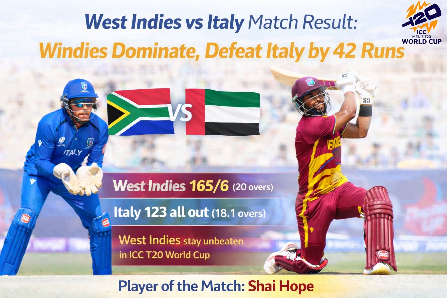 West Indies vs Italy T20 World Cup match result